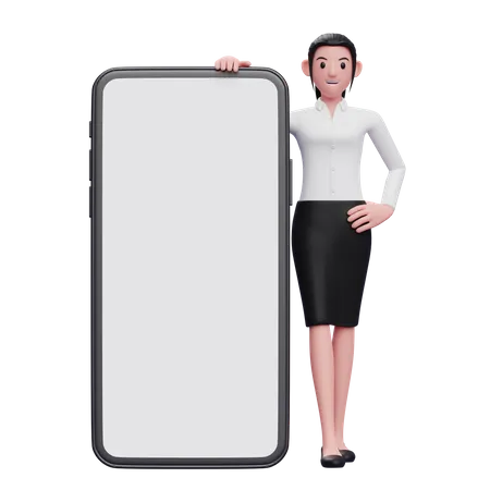 Mujer parada junto a un teléfono grande  3D Illustration