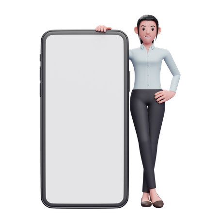 Mujer parada junto a un teléfono grande  3D Illustration