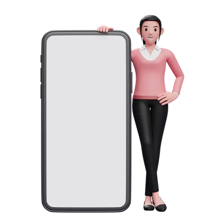 Mujer parada junto a un teléfono grande  3D Illustration