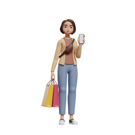 Mujer de pie sosteniendo bolsas de compras y mostrando la pantalla del móvil  3D Illustration