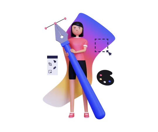 Mujer diseñadora gráfica sosteniendo una herramienta de pluma  3D Illustration