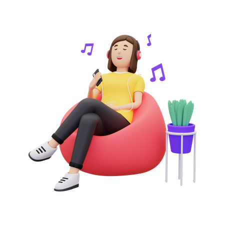 Mujer disfrutando de la música mientras está sentada en una bolsa de frijoles  3D Icon