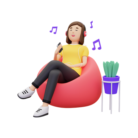 Mujer disfrutando de la música mientras está sentada en una bolsa de frijoles  3D Illustration