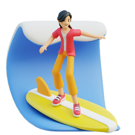 Mujer disfrutando del surf  3D Illustration