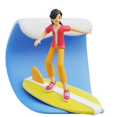 Mujer disfrutando del surf  3D Illustration