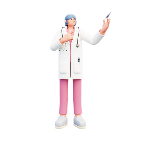 Doctora sosteniendo una jeringa apuntándola  3D Illustration