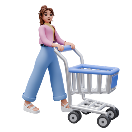 Mujer empujando carrito de compras  3D Illustration