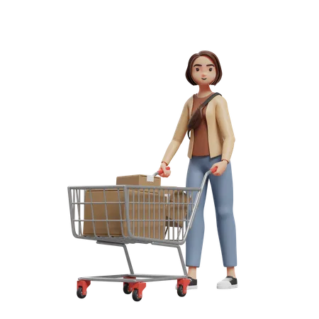 Mujer empujando un carrito lleno de compras  3D Illustration