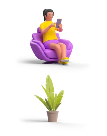 Mujer en casa usando el teléfono  3D Illustration