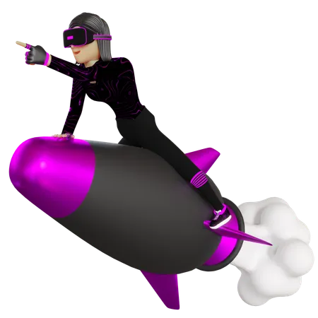 Mujer en cohete con dispositivo de realidad virtual Metaverso  3D Illustration