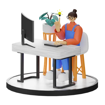 Mujer encontrando ideas mientras trabaja en la computadora  3D Illustration