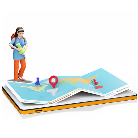 Mujer encontrando ubicación en el mapa  3D Illustration