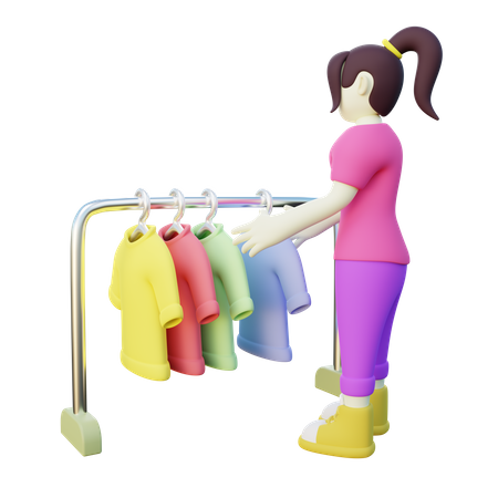 Mujer escogiendo una camisa en la tienda  3D Illustration