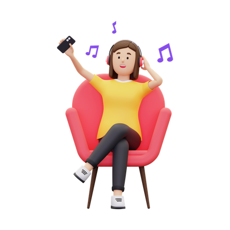 Mujer escuchando música mientras está sentada en un sillón  3D Icon