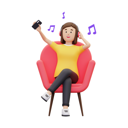 Mujer escuchando música mientras está sentada en un sillón  3D Illustration