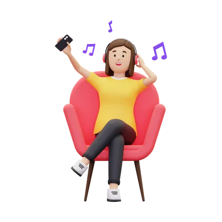 Mujer escuchando música mientras está sentada en un sillón  3D Illustration