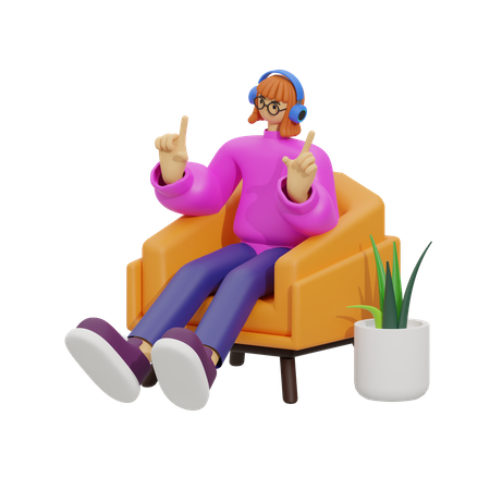 Mujer escuchando una canción en el sofá  3D Illustration