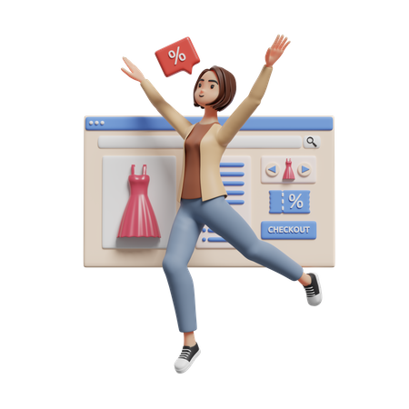 Mujer feliz celebrando obtener descuento al comprar a través del sitio web  3D Illustration