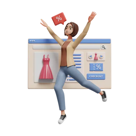 Mujer feliz celebrando obtener descuento al comprar a través del sitio web  3D Illustration