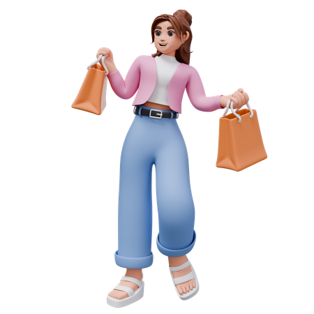 Mujer feliz con bolsas de compras  3D Illustration