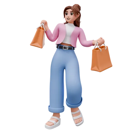 Mujer feliz con bolsas de compras  3D Illustration