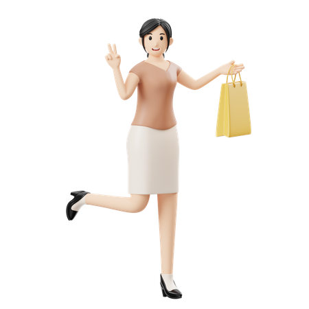 Mujer feliz corriendo mientras sostiene una bolsa de compras  3D Illustration