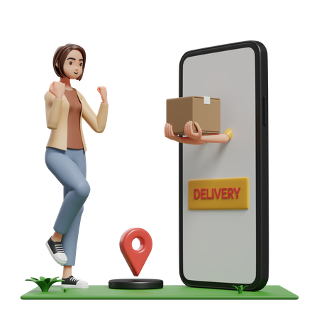 Mujer feliz recibiendo el paquete del mensajero apareciendo desde la pantalla del móvil  3D Illustration