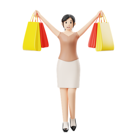 Mujer feliz sosteniendo una bolsa de compras  3D Illustration