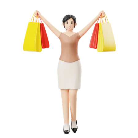 Mujer feliz sosteniendo una bolsa de compras  3D Illustration