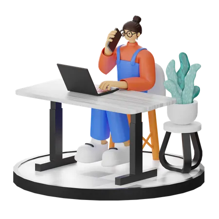 Mujer hablando por teléfono inteligente mientras trabaja  3D Illustration