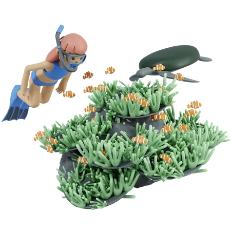Mujer haciendo buceo en la playa  3D Illustration