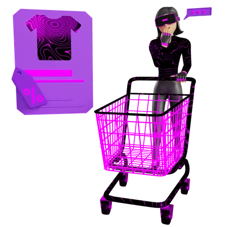 Mujer haciendo compras con carrito en Metaverso  3D Illustration