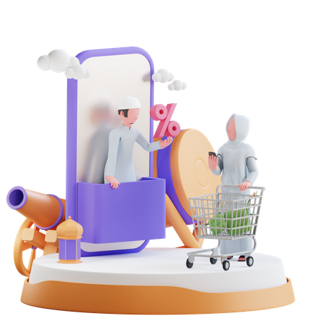 Mujer haciendo compras con descuento en línea en Ramadán  3D Illustration