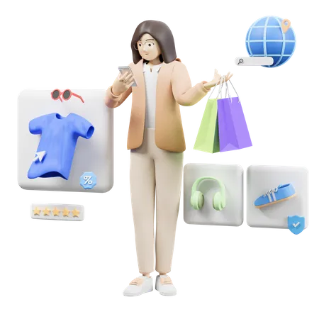 Mujer haciendo compras en línea  3D Illustration