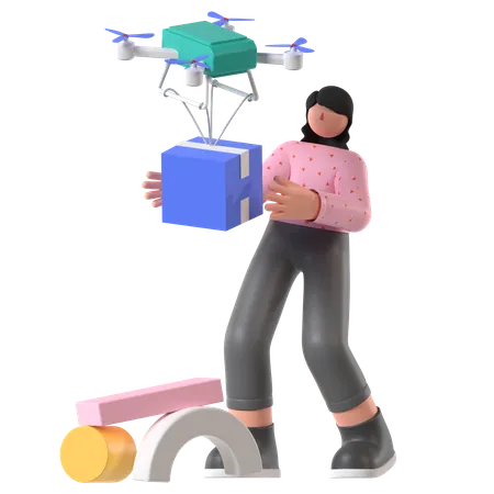 Mujer haciendo entregas con dron  3D Illustration