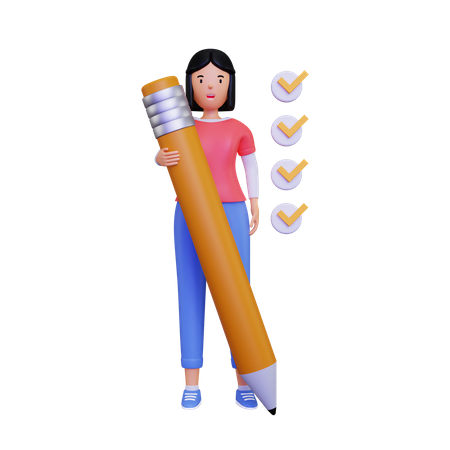 Mujer haciendo marca de verificación en casilla de verificación con lápiz  3D Icon