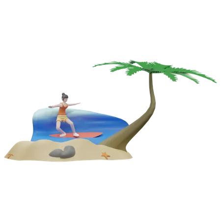 Mujer haciendo surf en tabla de surf  3D Illustration