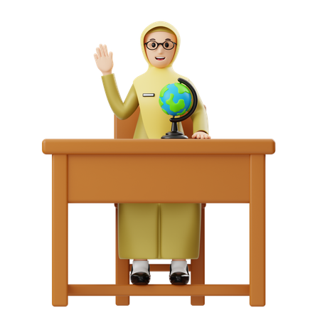 Saludos de profesora de Hijab en el escritorio  3D Illustration