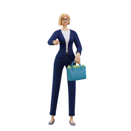 Inversionista rica con bolsa de dinero  3D Illustration