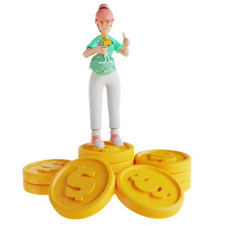 Inversionista femenina sosteniendo bolsa de dinero  3D Illustration