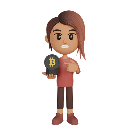 Mujer mostrando bitcoins  3D Illustration