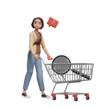 Mujer joven confundida empujando el carrito con una lupa  3D Illustration