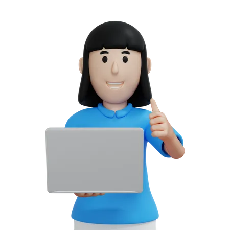 Mujer joven sosteniendo una computadora portátil mientras muestra los pulgares hacia arriba  3D Illustration