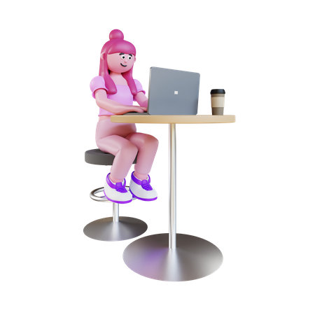 Mujer joven trabajando en la computadora portátil y sentada en una silla  3D Illustration