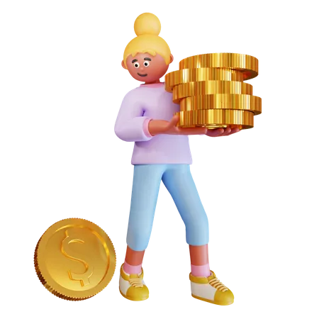 Mujer joven trae monedas de un dólar  3D Illustration