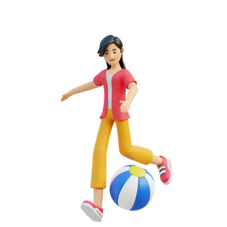 Mujer jugar pelota de playa  3D Illustration