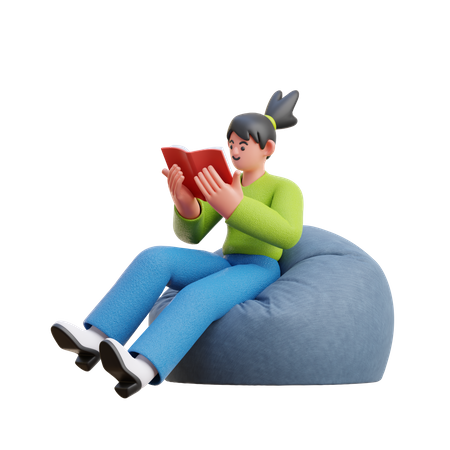 Mujer leyendo un libro mientras está sentada en una bolsa de frijoles  3D Illustration