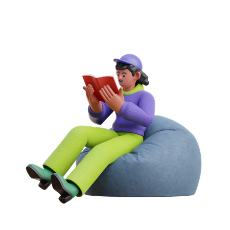 Mujer leyendo un libro mientras está sentada en una bolsa de frijoles  3D Illustration