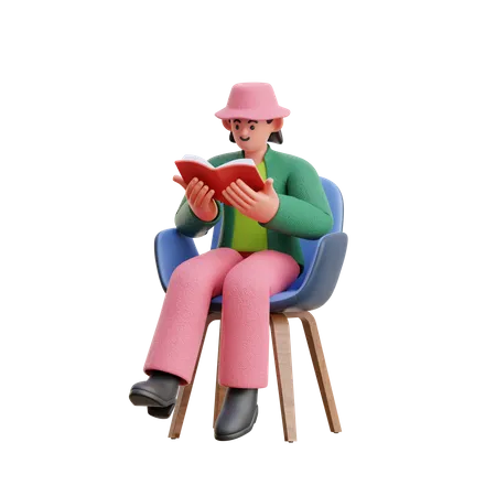 Mujer leyendo un libro mientras está sentada en una silla  3D Illustration