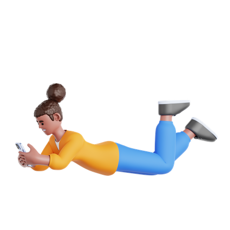 Mujer acostada y usando el teléfono  3D Illustration